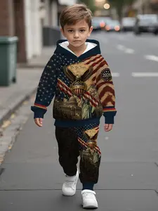 Vintage building and bald eagle printed digital hooded sweatshirt set for baby boys, casual and comfortable, perfect for daily outings, a trendy and versatile gift for little boys