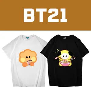 Bt21 bebe té con leche camiseta de muñecas lindas, camiseta impresa en verano, camiseta de base casual para hombres y mujeres, manga corta suelta, adecuada para hombres, mujeres, madres y amigos, modelo de pareja, moda relajada, vitalidad juvenil, hombres