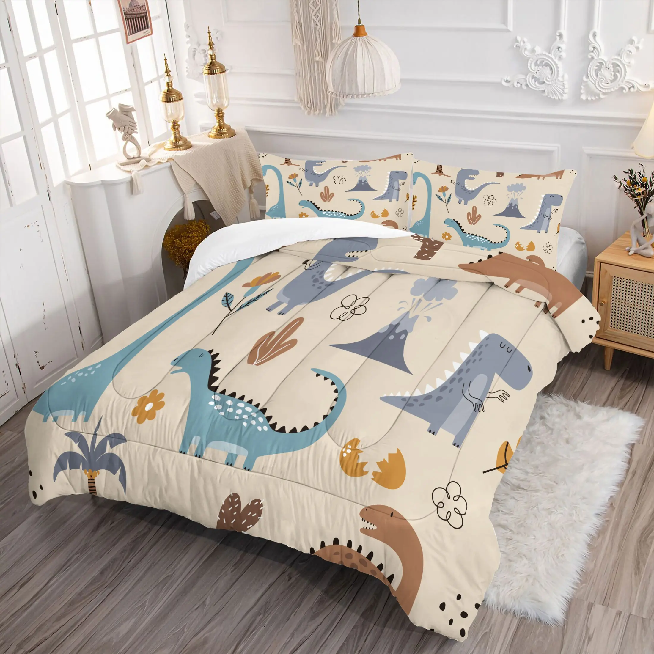 2/3pcs Cute Dinosaur Comforter Duvet Set, Cartoon Dino Quilt, Ultra-Soft Microfiber Bedding Set with Pillow Covers (No Pillow Inserts), Kids Dinosaur Themed Bed Set for Boys Girls Bedroom & Nursery, Bed Sets Supplies