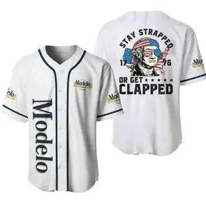 Modelo Stay Strapped Or Get Clapped 1776 George Washington Baseball Jersey, Funny Patriotic Button Down Shirt, Mens Summer Drinking Party Meme Streetwear