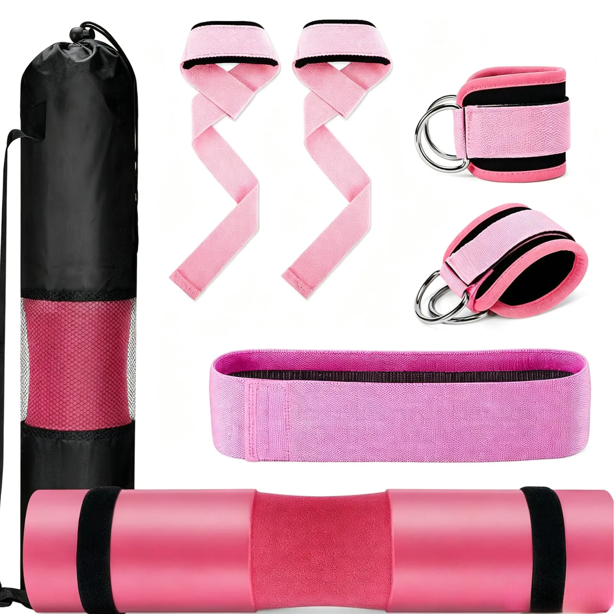 Gym Barbell Shoulder Neck Pad Workout Accessory Set, Weight Lifting Foam Bar Cushion with Resistance Bands & Ankle Straps