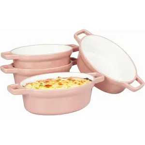 Oval 6" x 5" Oven Safe Au Gratin Baking Dishes Set of 4, 15 OZ Heat Resistant Ceramic Individual Gratin with Handles, Small Mini Casserole Dish for Cooking Baking Serving, Pink