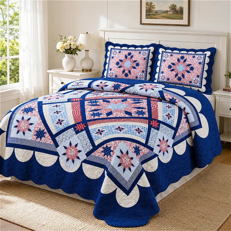 3pcs Queen Size Quilt 86" X 94", Americana Patchwork Star Quilt Bedspread, Vintage Country Cottage Bedding, Eight-Point Star Patchwork Pattern Coverlet, Soft Lightweight All Season Quilt for Bedroom Home Decor