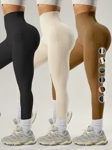 Women's Solid High Waisted Athletic Sports Leggings, High Stretch Seamless Skinny Pants, High Rise Tummy Control Sporty Yoga Leggings, Ladies Sportswear