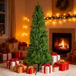 iCapeson 5FT Pencil Christmas Tree Slim Artificial Xmas Tree with 220 Realistic Branch Tips for Small Spaces, Easy 15-Min Setup, Metal Stand, Halloween & Christmas Decor