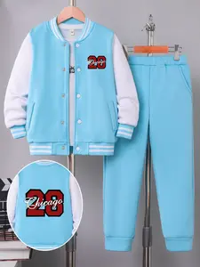 Boys' Baseball Jacket and Pants Set, Youth Kits, Letter & Number Casual, Long Sleeve Loose Fit, Spring & Fall Wear, 2 Piece Set