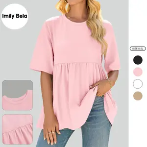 Imily Bela Womens Summer Babydoll Tops Oversized Short Sleeve Crewneck T Shirts Peplum Casual Loose Blouse