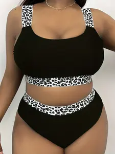Plus Leopard Patchwork Print Tape Waist Swimsuit, Summer Clothes Women, Women's Casual Comfy Breathable High Stretch Swimwear for Summer, Swim Tankini Tops