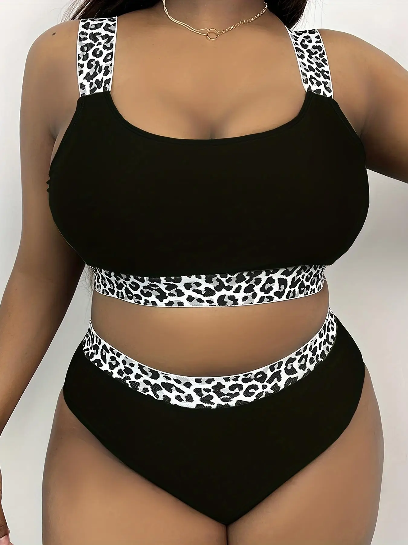 Plus Size Leopard Patchwork Print Tape Waist Tankini Swimsuit Sets, Summer Clothes Women, Women's Casual Comfy Breathable High Stretch Swimwear for Su