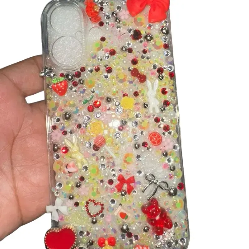 iPhone Junk Case For IPhone 16 with Colorful Glitter and Red Bow Decorations Unique Accessory