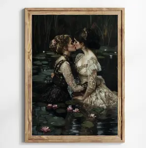 Custom Goth Moody Victorian Lesbian Girlfriends Kiss Poster, Dark Academia Painting Print The Lake Lotus Wall Art Home Decor