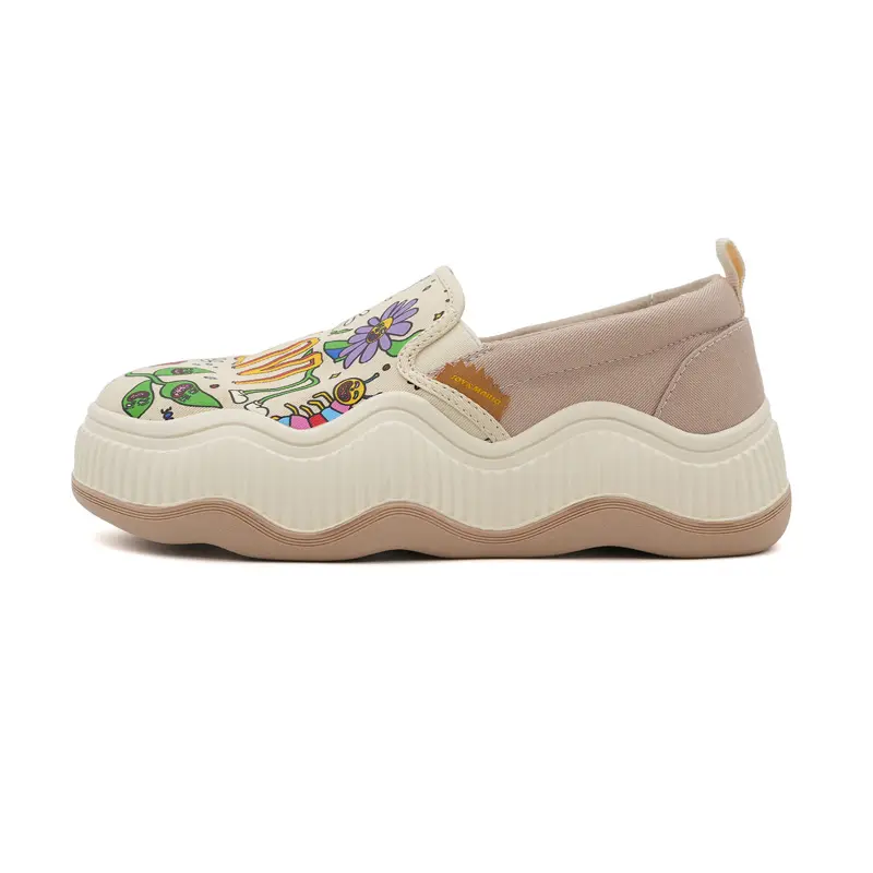 J&M Joy&Mario Women Cartoon Floral Print Slip On Shoes, Spliced Canvas Wavy Platform Lightweight Casual Walking Sneakers