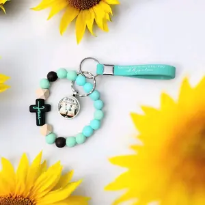 Jesus Butterfly Keychain Bracelet with Teal Beads and Inspirational Cross Charm for Daily Devotion