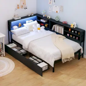 Twin/Full Size Corner Bed Frames with Storage Drawers, Charging Station, Led Light & Bookcase Headboard, Wooden & Metal L-Shaped Captain Daybed for Small Room, Bedroom, Guest Room, , Black