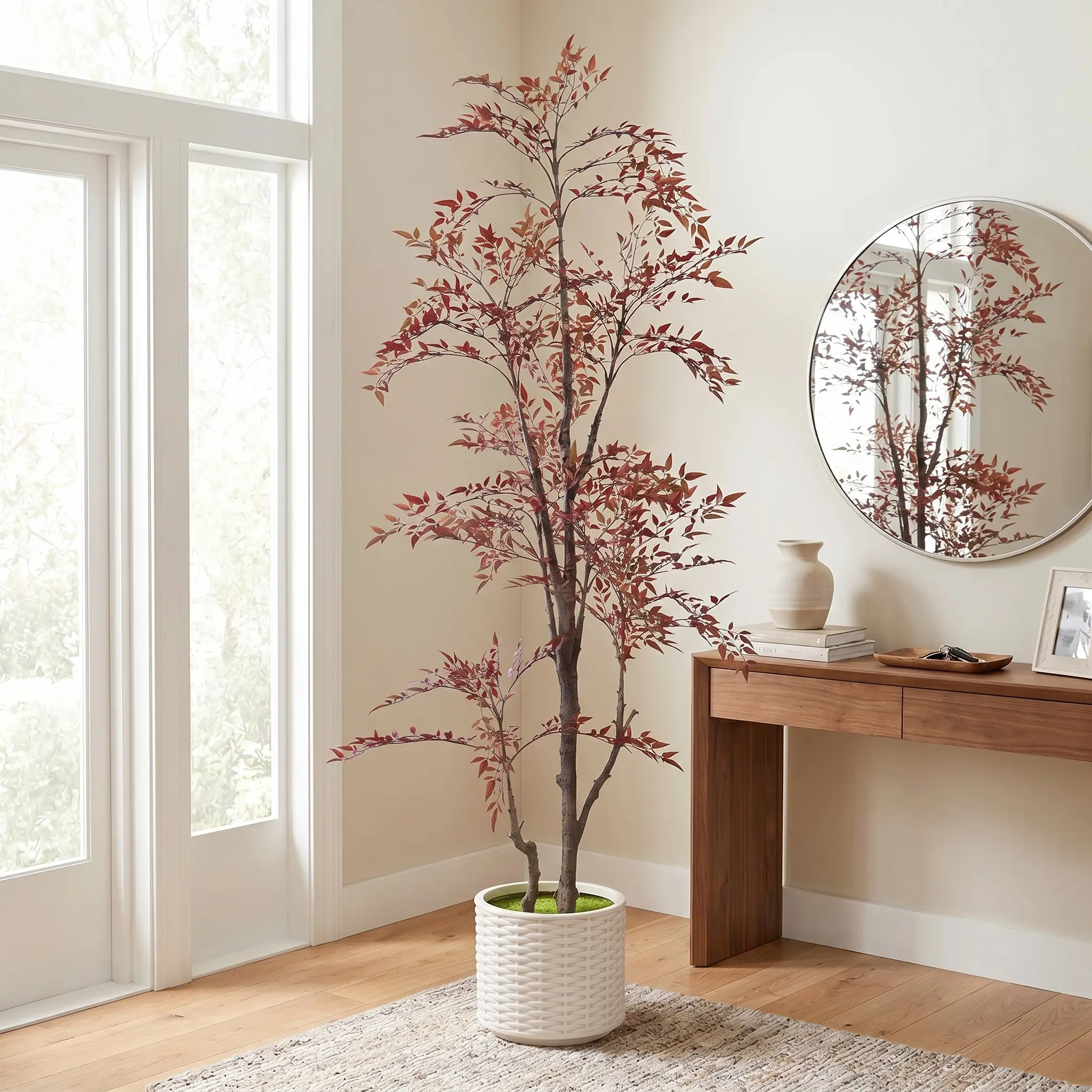 Casvik 6ft Minimalist Artificial Nandina Plant in White Planter - Flexible Bendable Wires Branches, Realistic UV Resistant Foliage, Red-Green Gradient Plants, 3 Color Options for Indoor Modern Japandi Home, Study Decor
