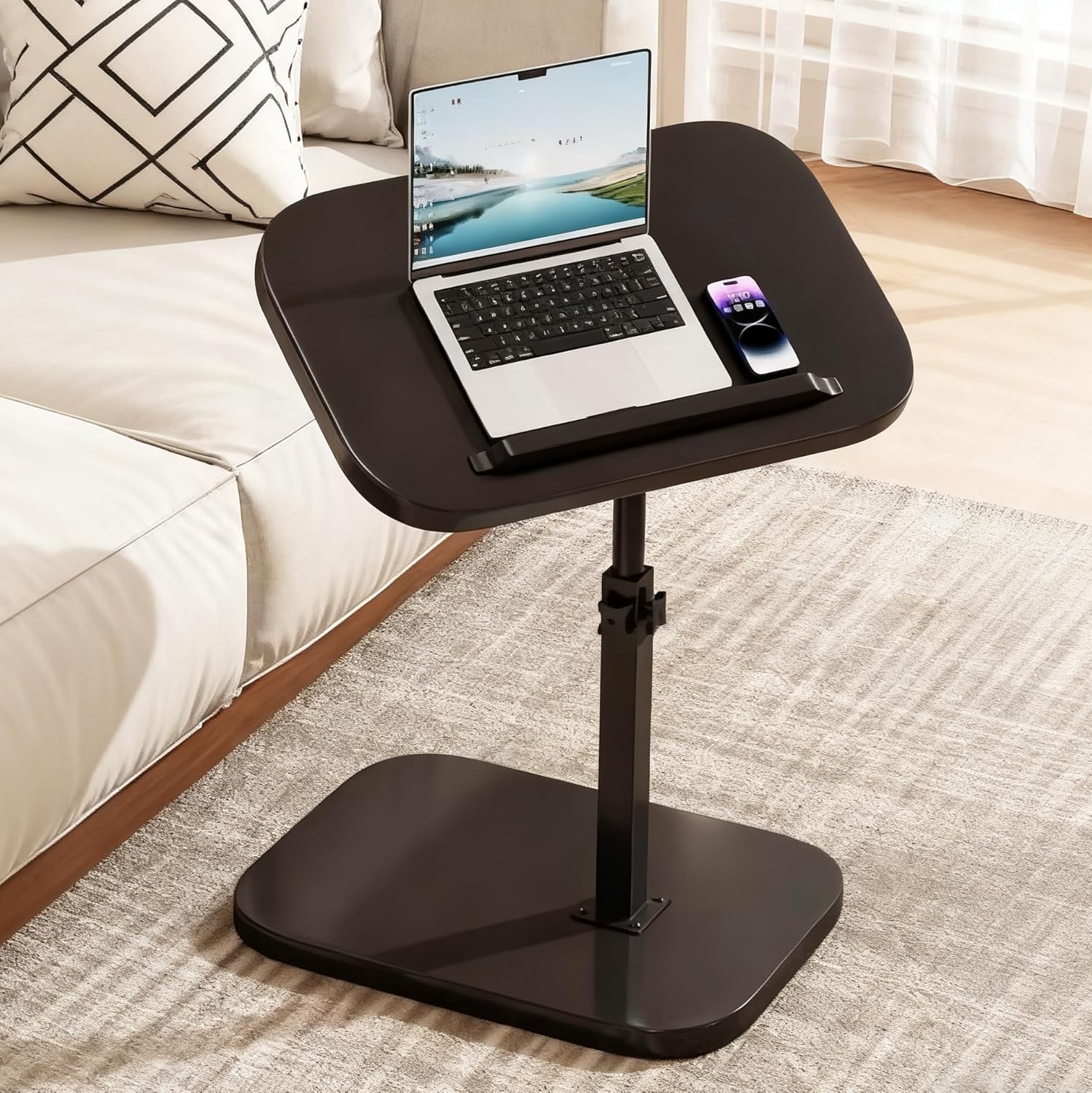 Adjustable Height C Shaped Side Table - 360° Swivel & Flip Top Design | Mobile C End Table for Couch/Sofa/Bed | Large Tabletop C Shaped Laptop Stand & Coffee Table with Slide-Under Feature
