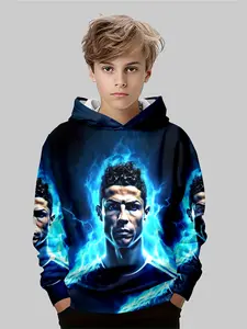 C Ronaldo Lightning Effect Hoodie, Casual Fitted Long Sleeve Sweatshirt, Random Print, Fall & Winter Fashion, Men's Clothing
