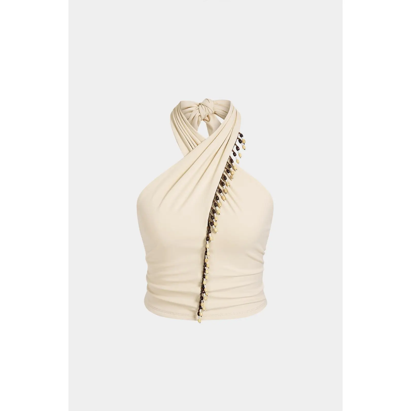 Beaded Crossed Halter Neck Tie-Up Tank Top