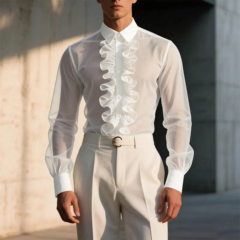 INCERUN Men's Gothic Vampire Prince Fashion Shirt - Ruffled Front, Organza-Like, Sheer Long-Sleeve Button-Down, Menswear Costume for Evening Parties, Formal Wear