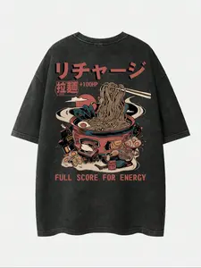 Men's Japanese Ramen Print Cotton Tee, Casual Loose-Fit Round Neck Short Sleeve T-Shirt, Summer Fashion Top for Daily Wear Outdoor Activities, Casual Comfy Tee