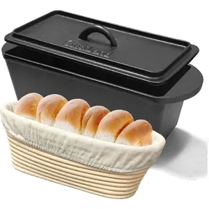 Rectangular Cast Iron Bread Loaf Pan & Proofing Basket, Heavy Duty 11x4.75x4,25" (14" L/Handles) with Lid (BLP137BU)
