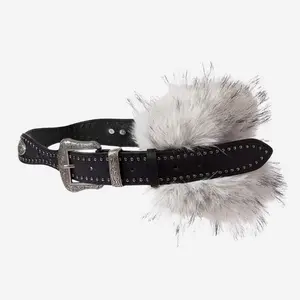 Black Studded Belt with Faux Fur Pompom – Y2K Punk Western Statement Accessory for Women