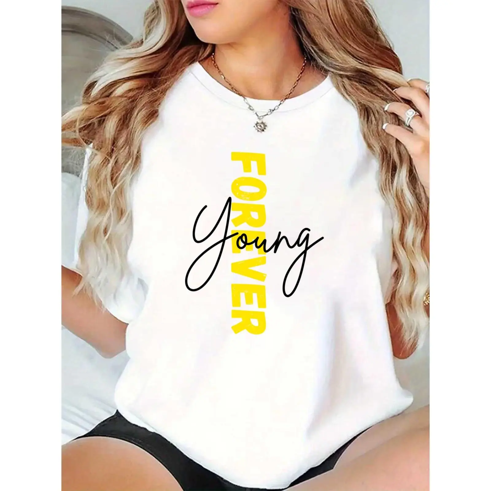 Ladies' White Comfortable Basic Short-Sleeve FOREVER Young Graphic T-Shirt - Casual Daily Wear, Round Neck, Regular Fit, Breathable, Yellow Vertical Prints, Black Cursive Slogan, Simple Essential Feminine Top