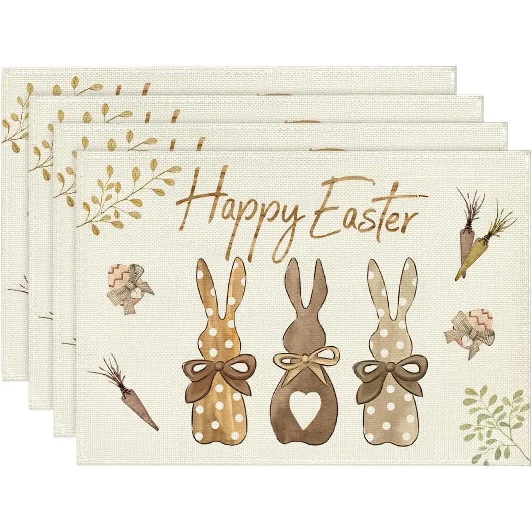 Carrots Rabbit Bunny Happy Easter Placemats for Dining Table  12 x 18 Inch Spring Seasonal Holiday Decoration Rustic Vintage Washable Mats Set of 4