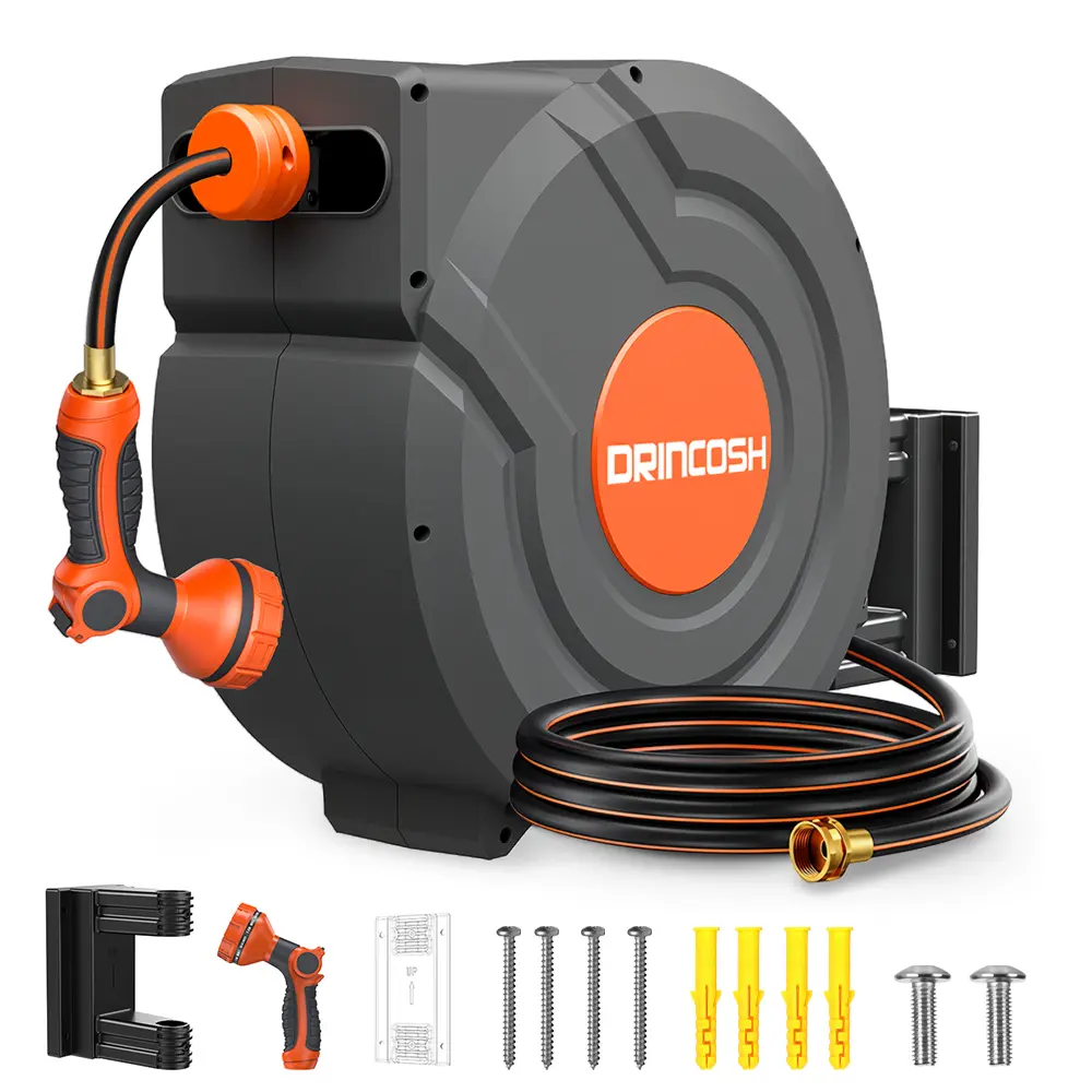 【summerfinds】DRINCOSH Retractable Water Hose Reel, Wall Mount Garden Waterhose with 9 Spray Patterns, Slow Return, Any-Length Lock, 180° Swivel Bracket, Multi-Size Compatibility for Lawn, Car Washing