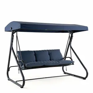 3-Seat Convertible Patio Swing Glider, 750 lbs Capacity Outdoor Swing Chair with Adjustable Canopy, Removable Cushions Weather Resistant Steel Frame for Backyard Garden Porch