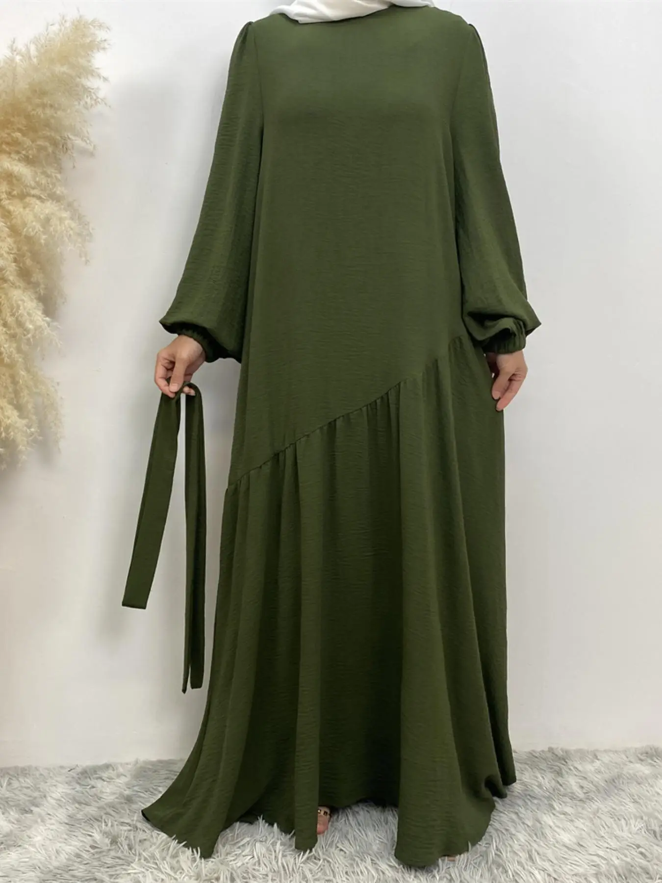 Women's Solid Color Bishop Sleeve Belted Zipper Back Dress, Modest Long Sleeve Round Neck Maxi Dress for Daily Wear, Ladies Clothes for All Seasons