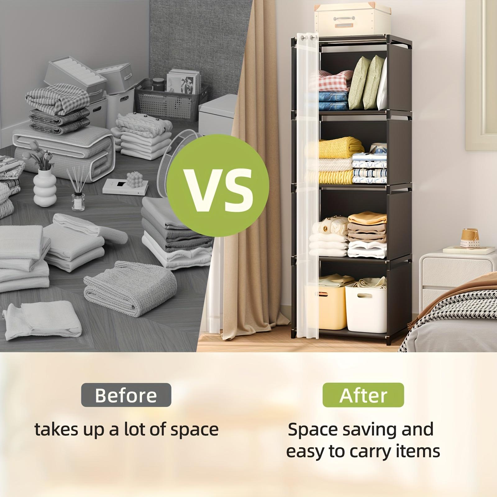 TOMNK Black/White Simple Wardrobe with Four-tier, 15.4*10.9*48.9 Inches, Closet Orqanizers And Storange, Easy-to-assemble Bookshelf, Large Capacity Wardrobe Closet, Free Standing Closet, for Bedroom Living Room Entrance Hall And Kitchen