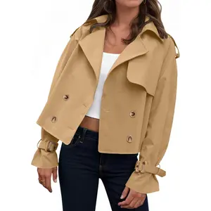 Womens Cropped Trench Coat Oversized Double Breasted Lapel Long Sleeve Short Jacket Fashion Outerwear