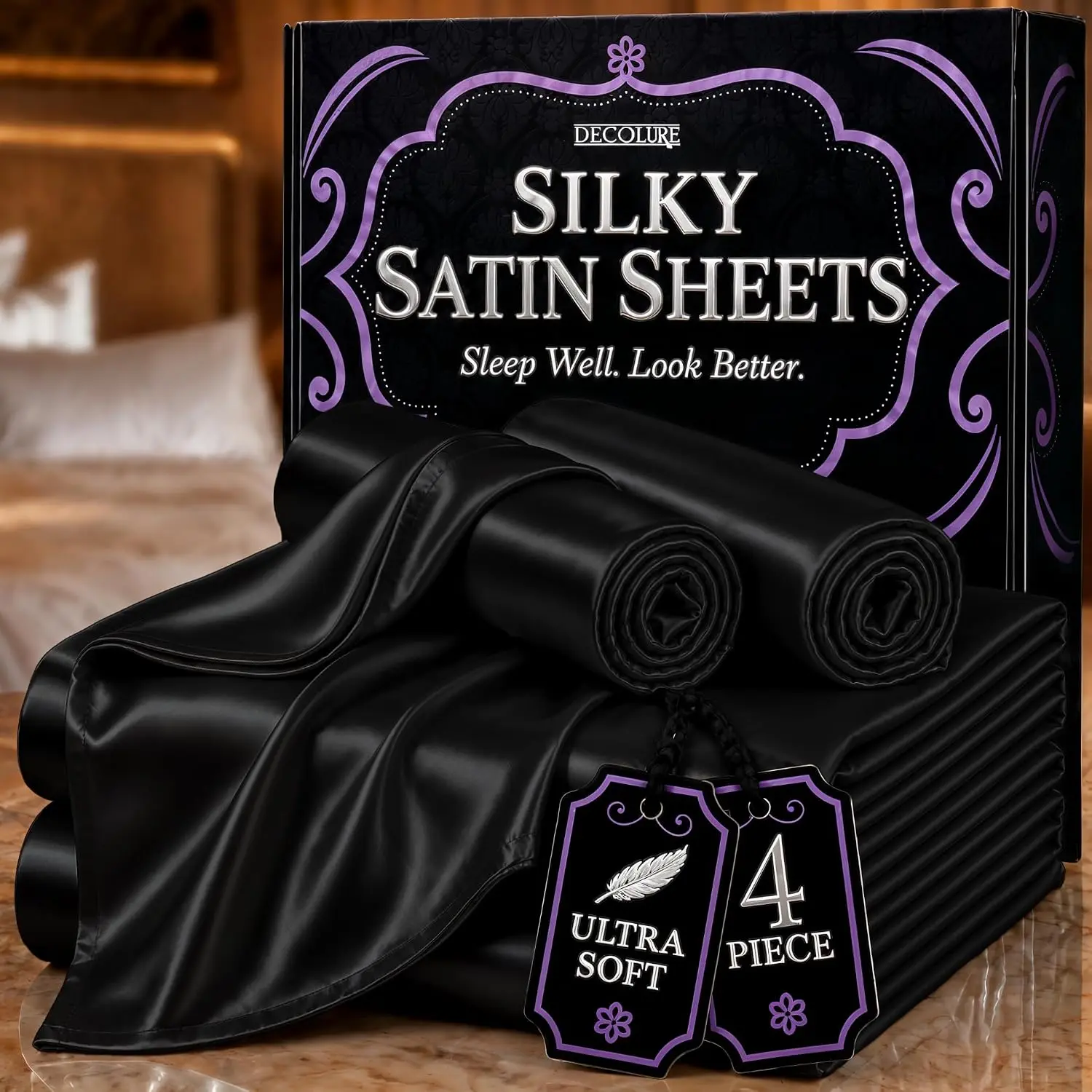 DECOLURE 4-Piece Satin Bed Sheet Set - Silky Fitted Sheet, Hypoallergenic, Double Stitched, Wrinkle-Free, 15" Deep Pockets, Elastic Edges for Secure Fit, Luxuriously Soft Bedding DECOLURE 4-Piece Satin Bed Sheet Set - Silky Fitted Sheet, Hypoallergenic, Double Stitched, Wrinkle-Free, 15" Deep Pockets, Elastic Edges for Secure Fit, Luxuriously Soft Bedding