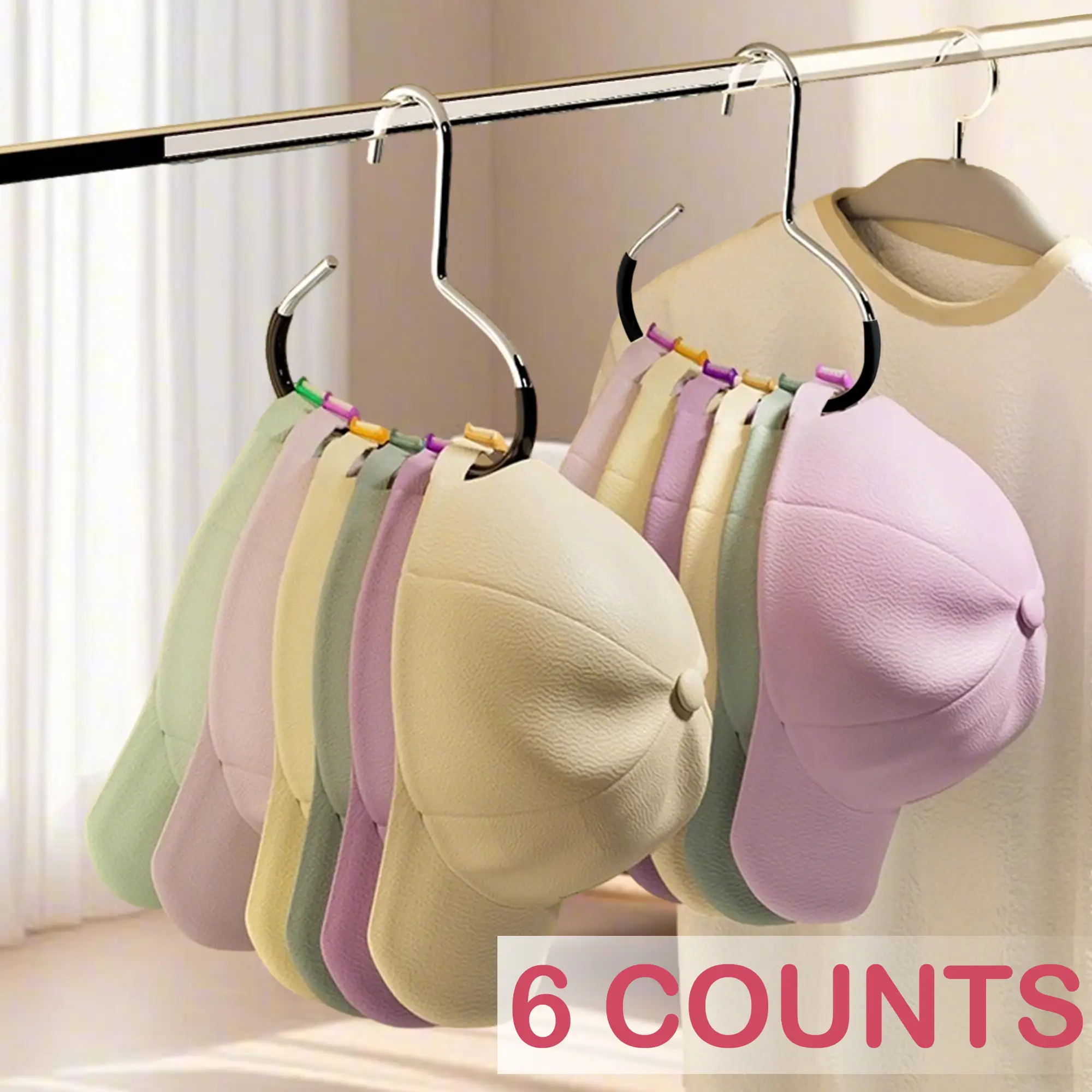 6 Counts Hat Organizer, Stainless Steel Hat Hangers for Closet, Hat Rack Hat Holder Cap Organizer for Baseball Caps, Scarf, Hat