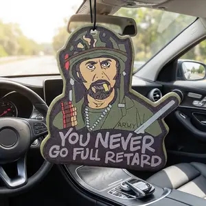 Novelty Car Air Freshener, Tropic Thunder "You Never Go Full Retard" Quote, Long Lasting Scent Pendant, Funny Military Man Cartoon Hanging Ornament for Car Interior Decor