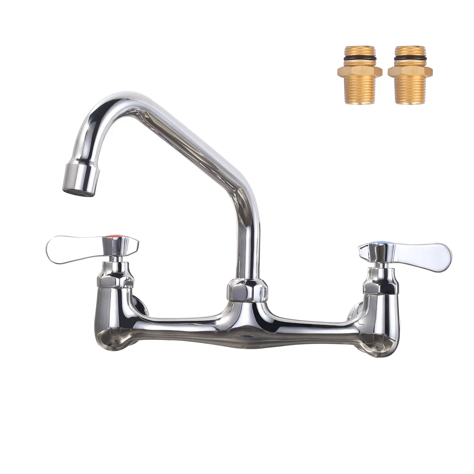 WOWOW Commercial Wall-Mount Kitchen Faucet, 8" Center 8" Swivel Spout, Double Handle Durable Multi-Purpose Brass Utility Faucet for Laundry Room, Restaurant, Polish Chrome, Double Handle Faucet
