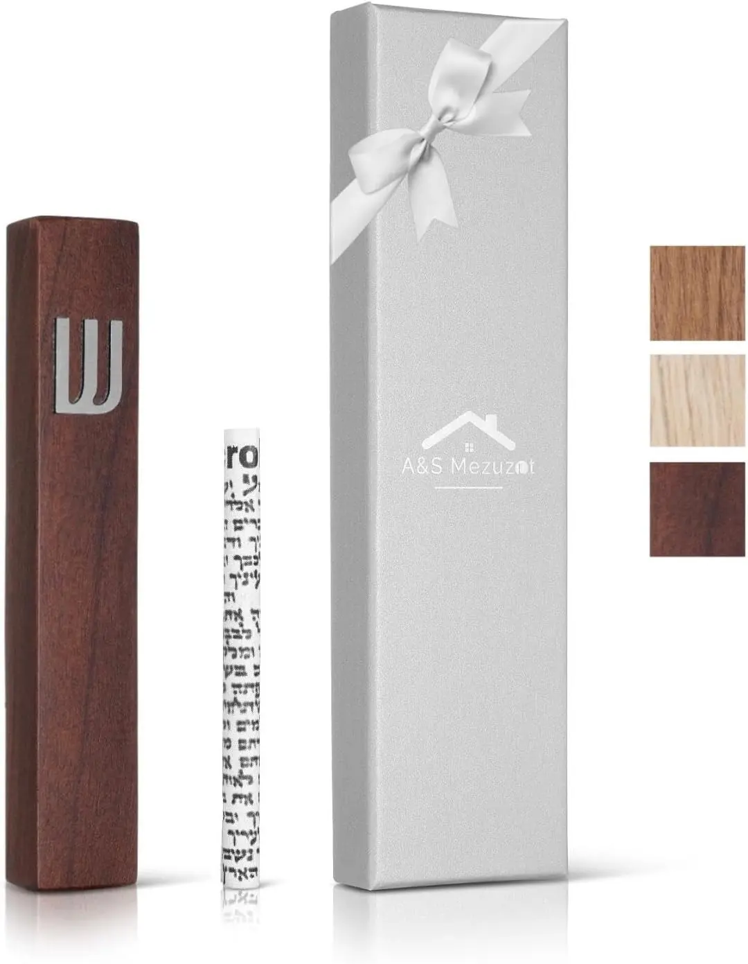 Wood Mezuzah Case with Scroll for Door Modern/Traditional Design, Easy Peel and Stick Mezuzah Cover, Home Blessing and Protection Houswarming Gift (Walnut+ Silver, 5 Inches)