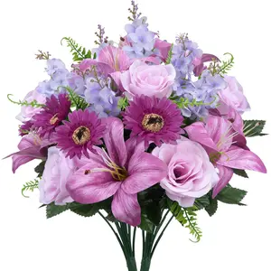 Zythrem 2Pcs Cemetery Flowers for Grave, 19.6in Purple Lilies Flowers Artificial Mixed Rose, Floral Arrangement Lilac Bouquet for Spring Home Party Grave Vase Table Centerpieces Garden