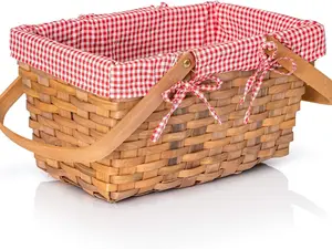 Picnic Basket - Woven Natural Woodchip Wicker Basket with Double Handles and Red and White Gingham Blanket Lining