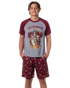 Harry Potter Hogwarts Castle Men's House Crest 2 Piece Raglan Pajama Short Set - Gryffindor Slytherin Ravenclaw Hufflepuff