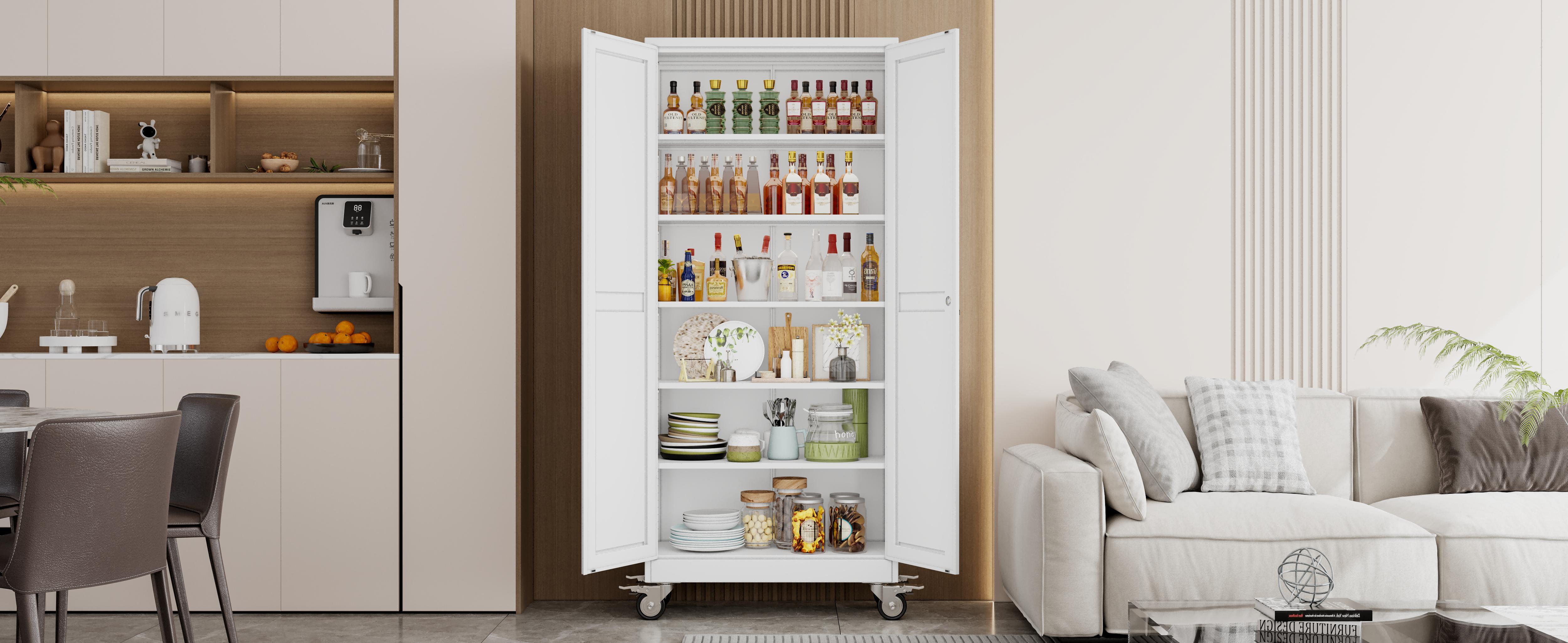 Heavy-Duty Metal Storage Cabinet with Wheels, 2-Door Steel File Cabinet with 5 Adjustable Shelves for Garage, Home Office & Warehouse