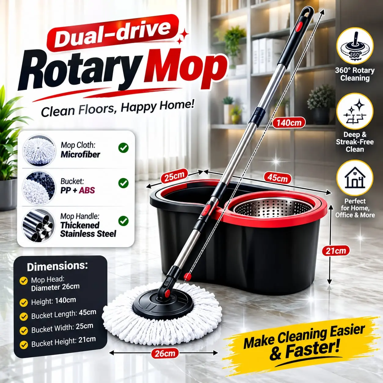 360° Rotating Mop and Bucket Set with Wringer, 2 Microfiber Heads, 58" Stainless Steel Adjustable Handle, Includes Bucket for Household Floor Cleaning