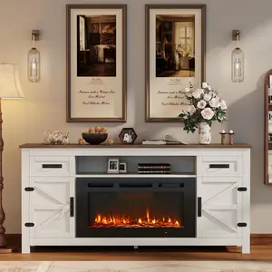 【2 Boxes Shipped At Different Times】Fireplace TV Stand with Barn Door for TVs up to 80" Farmhouse Entertainment Center with Storage Cabinets White TV Stand and Black Electric Fireplace 12 Flame Colors 12 Backlight Options