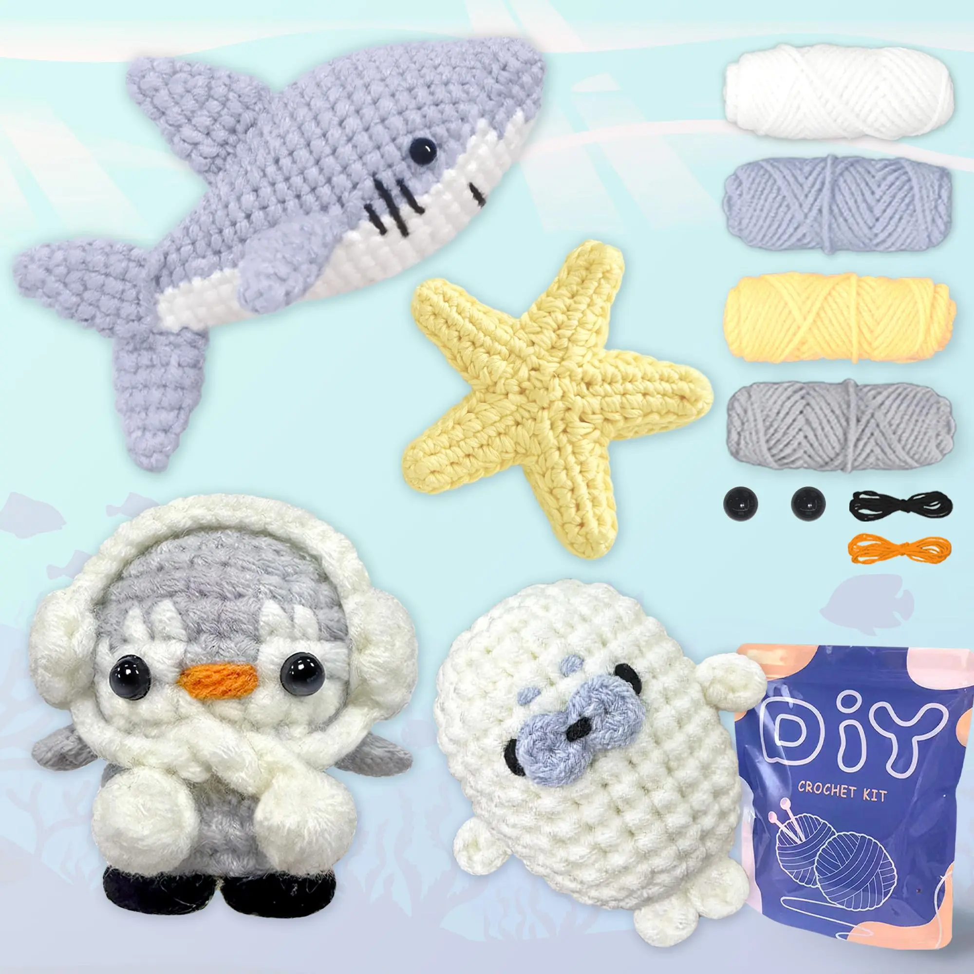 Ocean Animal Crochet Material Bag, 4 Counts/set Cute Shark & Penguin & Starfish & Seal Crochet Kit, DIY Crochet Kit for Beginner, Crocheting Supplies, Crochet Items, Handmade Crafts