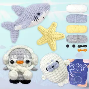 Ocean Animal Crochet Material Bag, 4 Counts/set Cute Shark & Penguin & Starfish & Seal Crochet Kit, DIY Crochet Kit for Beginner, Crochet Items