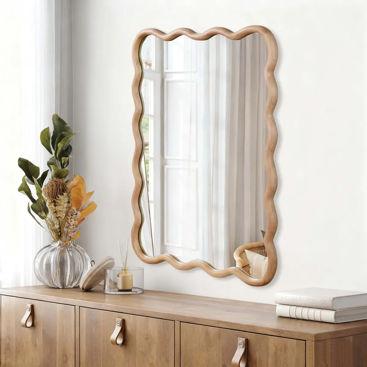 Bohemian Irregular Raw Wood Framed Decorative Wall Mirror - 30x40in, 1.18in Thick HD Tempered Glass, No Distortion, Easy Hanging Installation, Vertical/Horizontal Wall Mount, Farmhouse Elegant Float Design for Vanity & Hotel