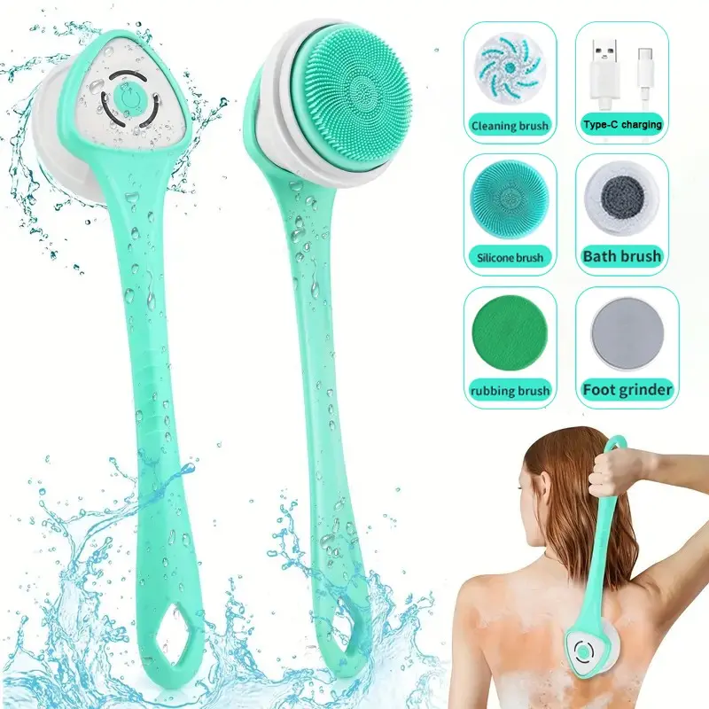 Rechargeable Electric Bath Brush with Long Handle and 5 Rotating Heads, Deep Cleaning and Exfoliation, Unisex Bathroom Cleaner, Exfoliating Tool
