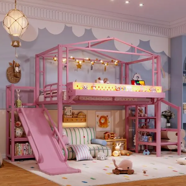 Twin Heavy-Duty Steel Loft Bed Frame with Storage Stairs, Built-In Wardrobe, Open Shelving, USB Charging Ports, LED Lights, Silent Design, Secure Structure, Space-Saving for Teens, Assembly Required