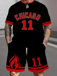 Men's Casual Fashion Set Includes Short Sleeve & Shorts, Background Letter Pattern, Matching Color Splicing, Perfect for Travel
